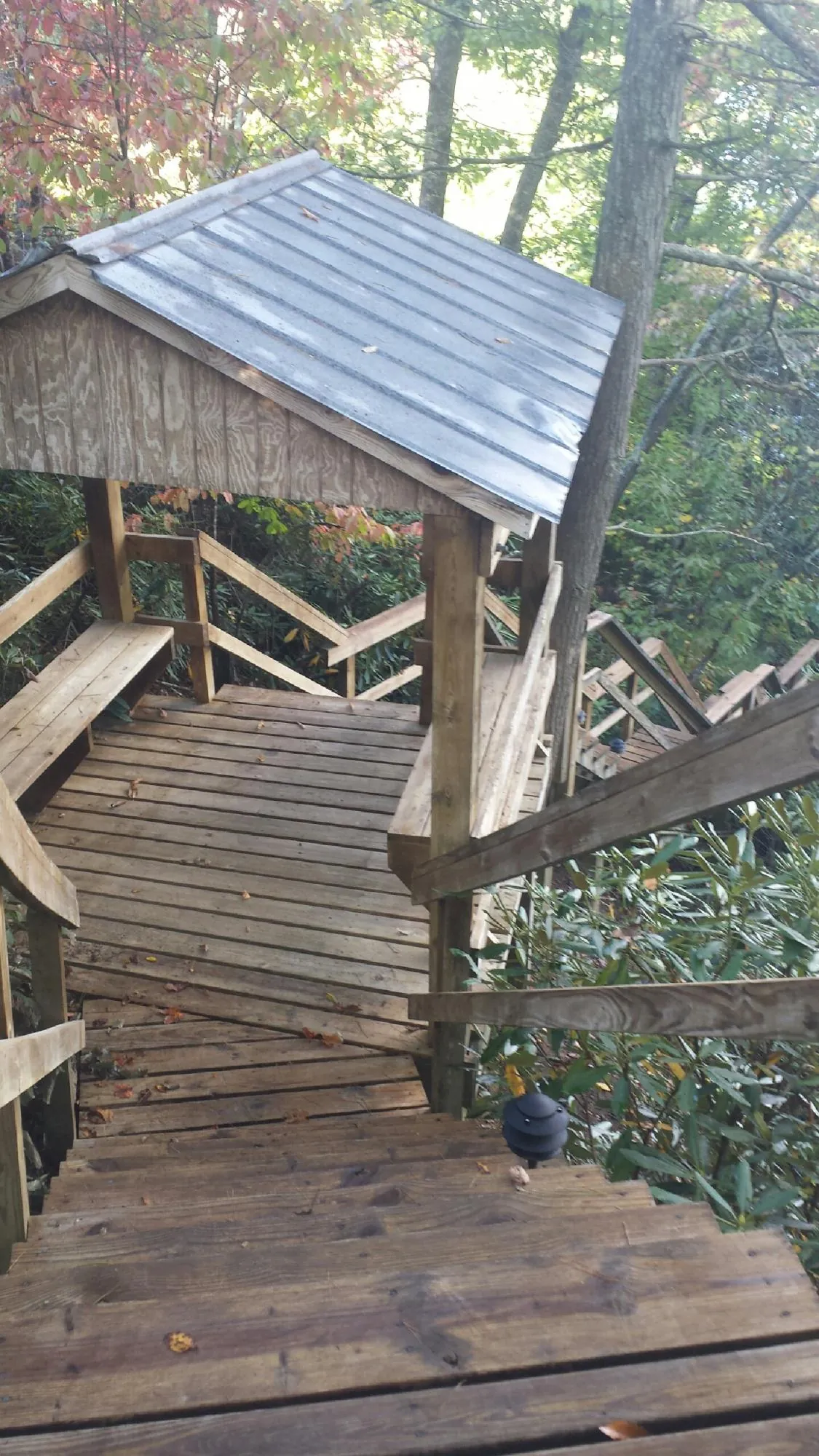 Metal roofed shelter over wooden steps on a wooded walkway — Skylight Repair & Installation work by our crew in Fort Ann